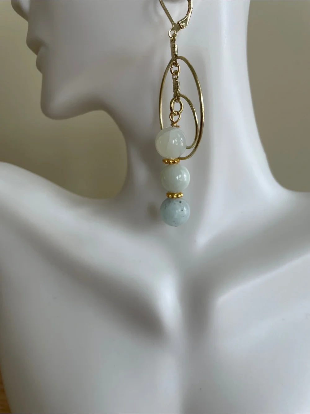 HAND CRAFTED AMAZONITE NATURAL STONE GOLD DOUBLE HOOP EARRINGS Dangle Boho Chic